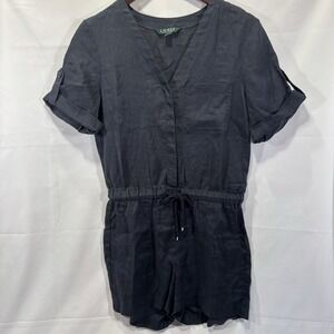 NWOT‎ Lauren Ralph Lauren Women's 0 Navy 100% Linen Romper Belted Hidden Button